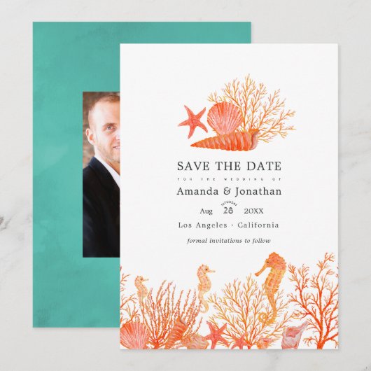 ターコイズとコーラルのビーチウェディングフォト セーブザデート (正面/裏面)
