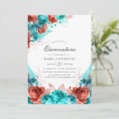 ターコイズとコーラルのラスティック フローラル quinceañera 招待状 (スタンド正面)