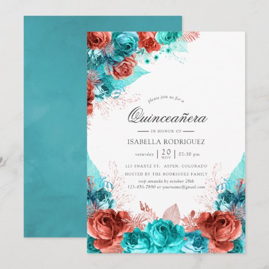 ターコイズとコーラルのラスティック フローラル quinceañera 招待状 (正面/裏面)