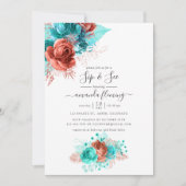 ターコイズとコーラルの水彩花のSip and See 招待状 (正面)
