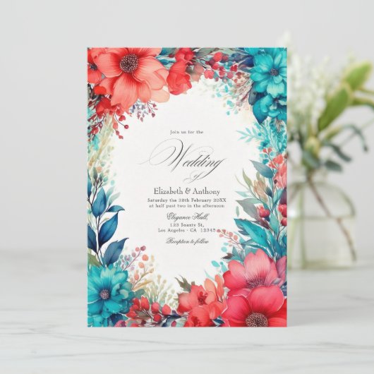 ターコイズとコーラルの水彩花嫁衣裳 招待状 (スタンド正面)