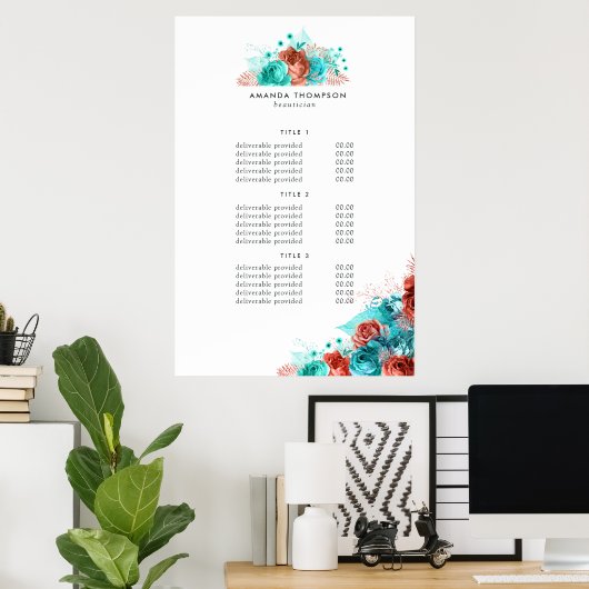 ターコイズとコーラルの花の価格とサービス看板 ポスター (ホームオフィス)