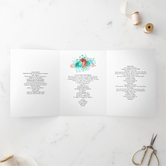 ターコイズとコーラルの花の結婚式プログラム 三つ折り招待状 (内部)