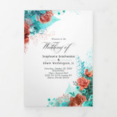 ターコイズとコーラルの花の結婚式プログラム 三つ折り招待状 (カバー)