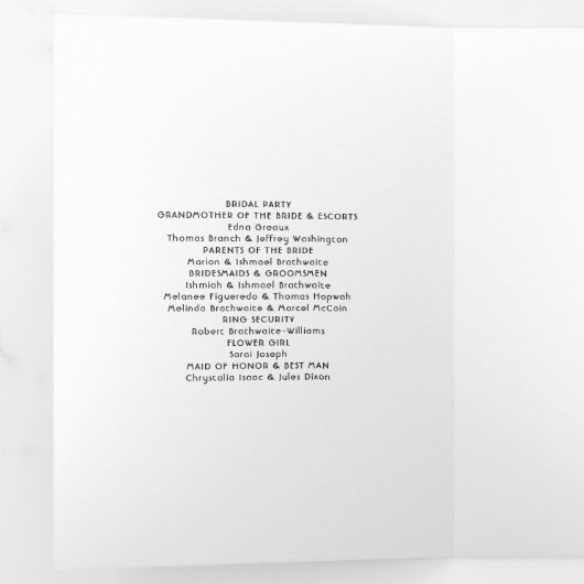 ターコイズとコーラルの花の結婚式プログラム 三つ折り招待状 (内部最初)