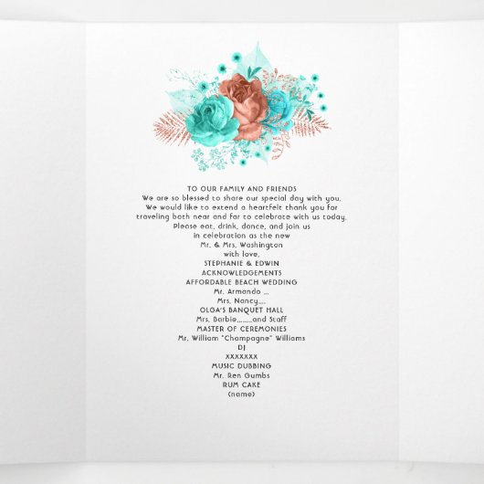 ターコイズとコーラルの花の結婚式プログラム 三つ折り招待状 (内部中)