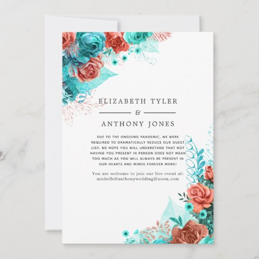 ターコイズとコーラルの花の縮小ゲストリスト 案内状 (正面)