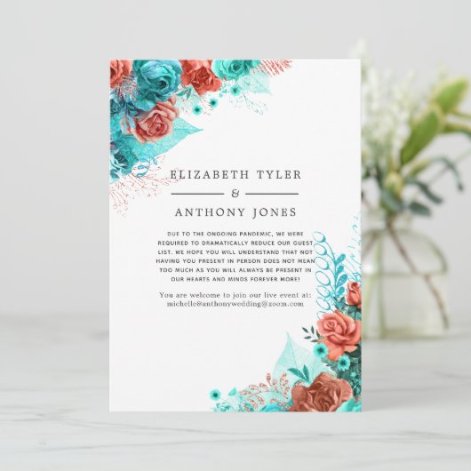 ターコイズとコーラルの花の縮小ゲストリスト 案内状 (スタンド正面)