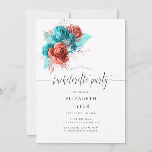 ターコイズとコーラルウォーター色バチェロレッテ 招待状 (正面)