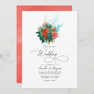 ターコイズとコーラルウォーター色フローラ結婚ズ 招待状
