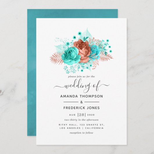 ターコイズとコーラルウォーター色フローラ結婚ズ 招待状 (正面/裏面)