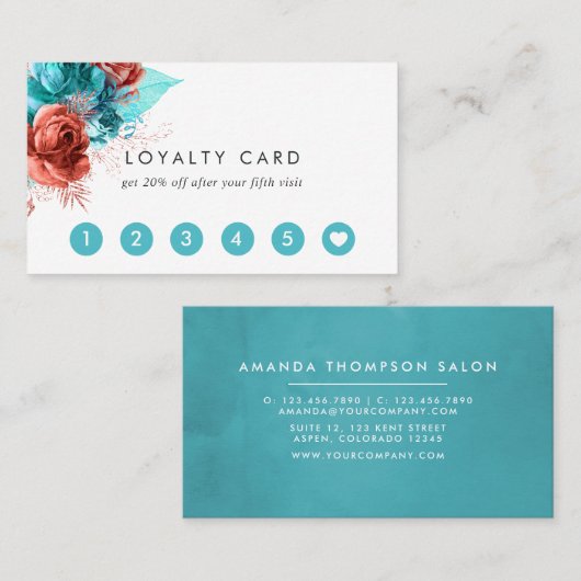 ターコイズとコーラルウォーター色フローラ ロイヤリティカード (正面/裏面)