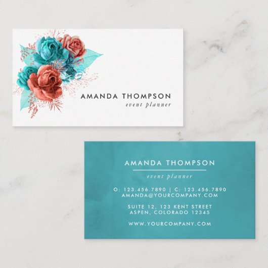 ターコイズとコーラルウォーター色フローラ 名刺 (正面/裏面)