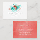 ターコイズとコーラルウォーター色フローラ 名刺 (正面/裏面)