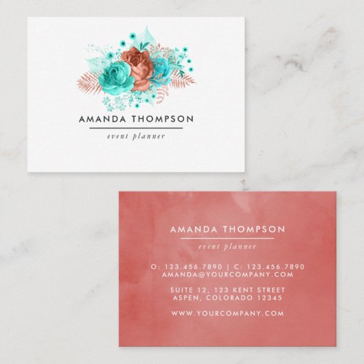 ターコイズとコーラルウォーター色フローラ 名刺 (正面/裏面)