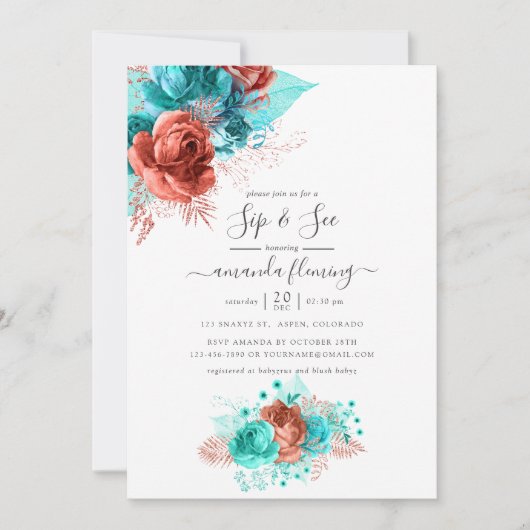 ターコイズとコーラルウォーター色フローラsipと参照 招待状 (正面)