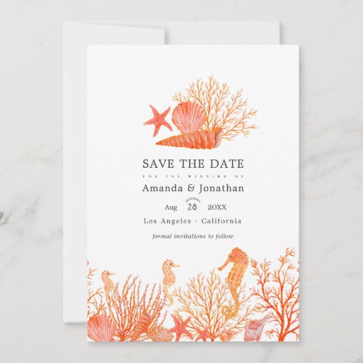 ターコイズとコーラルビーチウェディングフォト セーブザデート (正面)