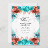 ターコイズとコーラル素朴フローラ結婚の写真イン 招待状 (正面)