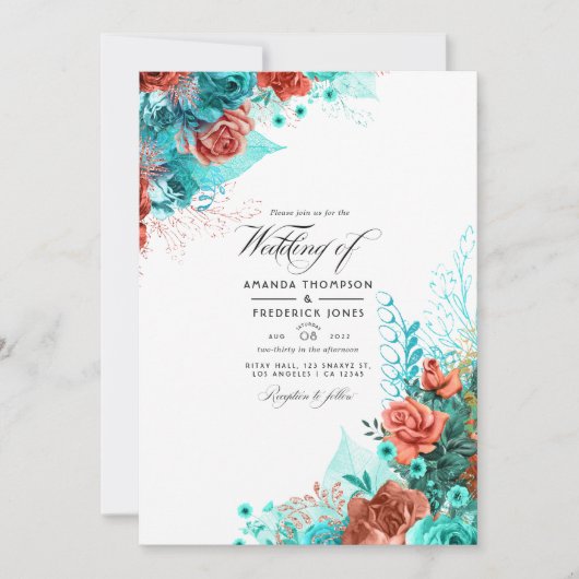 ターコイズとコーラル素朴フローラ結婚の写真 招待状 (正面)