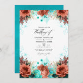 ターコイズとコーラル素朴フローラ結婚の写真 招待状 (正面/裏面)