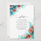 ターコイズとコーラル素朴フローラ結婚の更新 招待状 (正面)