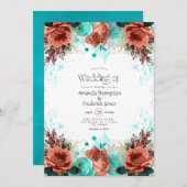ターコイズとコーラル素朴フローラ結婚ズインビタティ 招待状 (正面/裏面)