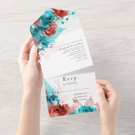 ターコイズとコーラル素朴フローラ結婚ズ オールインワン招待状 (貼ってはがせる)