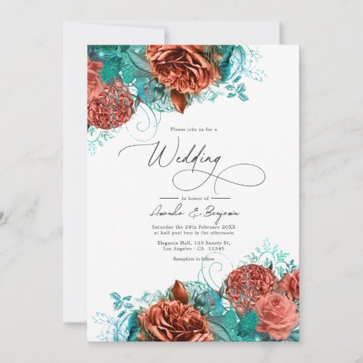 ターコイズとコーラル素朴フローラ結婚ズ 招待状 (正面)