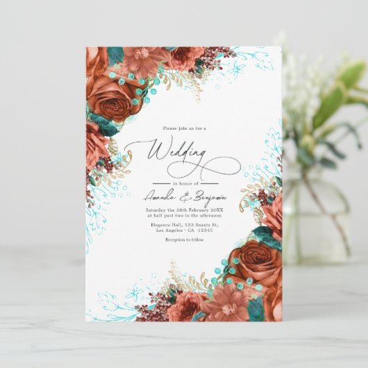 ターコイズとコーラル素朴フローラ結婚ズ 招待状 (スタンド正面)