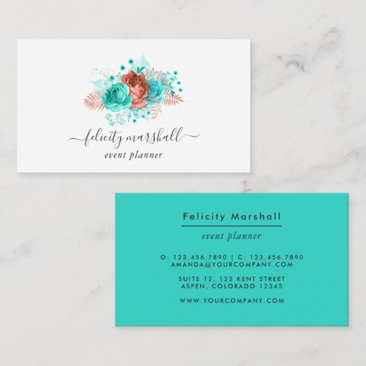 ターコイズとコーラル素朴フローラ 名刺 (正面/裏面)