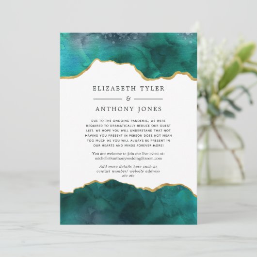 ターコイズとゴールドのアゲートを使用した結婚式のゲストリスト縮小のお知らせ 案内状 (スタンド正面)