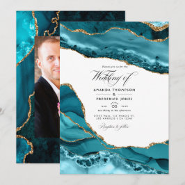 ターコイズとゴールドのアゲートストーンの結婚式写真 招待状
