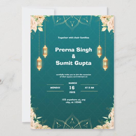 ターコイズとゴールドのウェディング・インビテーション 招待状 (正面)
