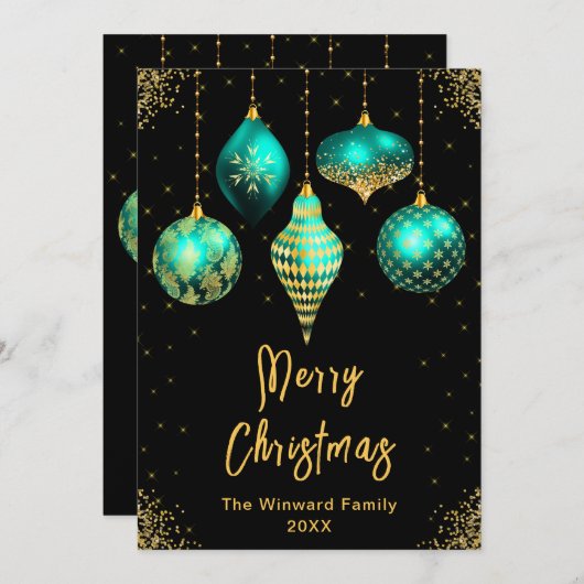 ターコイズとゴールドのオーナメント　メリークリスマス シーズンカード (正面/裏面)