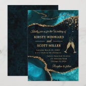 ターコイズとゴールドのグリッターアゲートのウェディング 招待状 (正面/裏面)