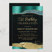 ターコイズとゴールドのグリッター ティアーズ バースデーパーティ 招待状 (正面/裏面)