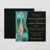 ターコイズとゴールドのグリッター ティアーズ ボケ ウェディング 招待状 (正面/裏面)