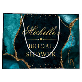 ターコイズとゴールドのグリッター マーブル アゲート ブライダル シャワー ラージペーパーバッグ