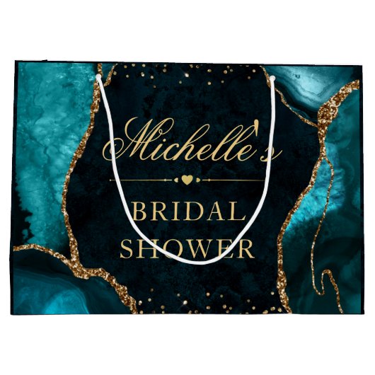 ターコイズとゴールドのグリッター マーブル アゲート ブライダル シャワー ラージペーパーバッグ (裏面)