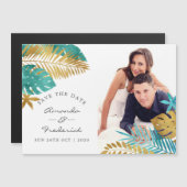 ターコイズとゴールドのトロピカルウェディング・セーブ・ザ・デート マグネット招待状 (正面/裏面)