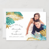 ターコイズとゴールドのトロピカルウェディング・セーブ・ザ・デート マグネット招待状 (正面)