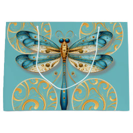 ターコイズとゴールドのトンボ ラージペーパーバッグ