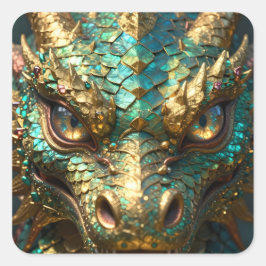 ターコイズとゴールドのドラゴンの神秘 スクエアシール
