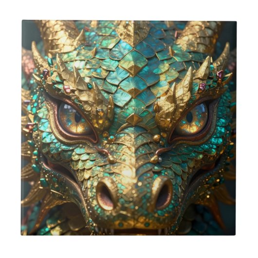 ターコイズとゴールドのドラゴンの神秘 タイル (正面)