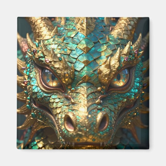 ターコイズとゴールドのドラゴンの神秘 マグネット (正面)