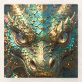 ターコイズとゴールドのドラゴンの顔 ガラスコースター (正面)