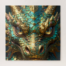 ターコイズとゴールドのドラゴンの顔 ジグソーパズル