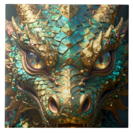 ターコイズとゴールドのドラゴンの顔 タイル