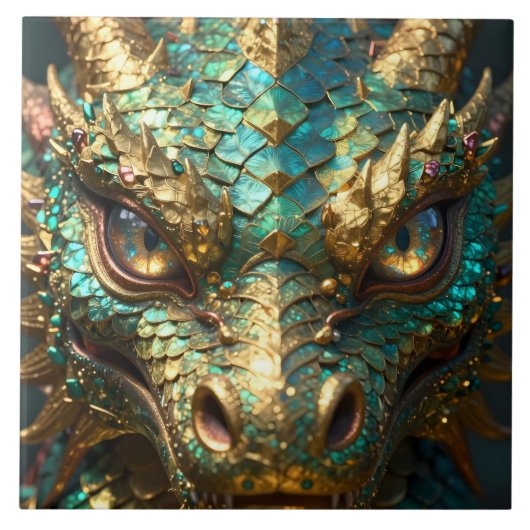 ターコイズとゴールドのドラゴンの顔 タイル (正面)