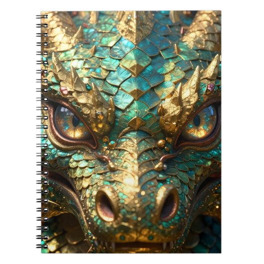 ターコイズとゴールドのドラゴンの顔 ノートブック (正面)